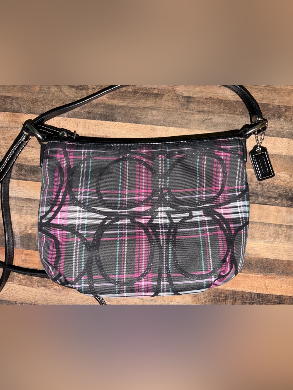 Coach Poppy Tartan Black Plaid Mini Crossbody with Pink & Teal Accents